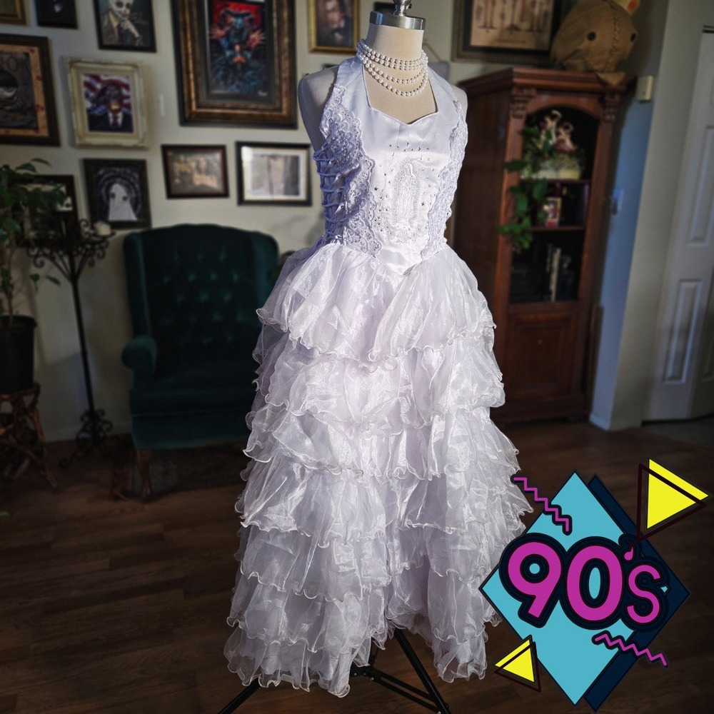 Vintage 90s Virgin Mary Guadalupe White Lace Ruffle Dress Catholic Gothic